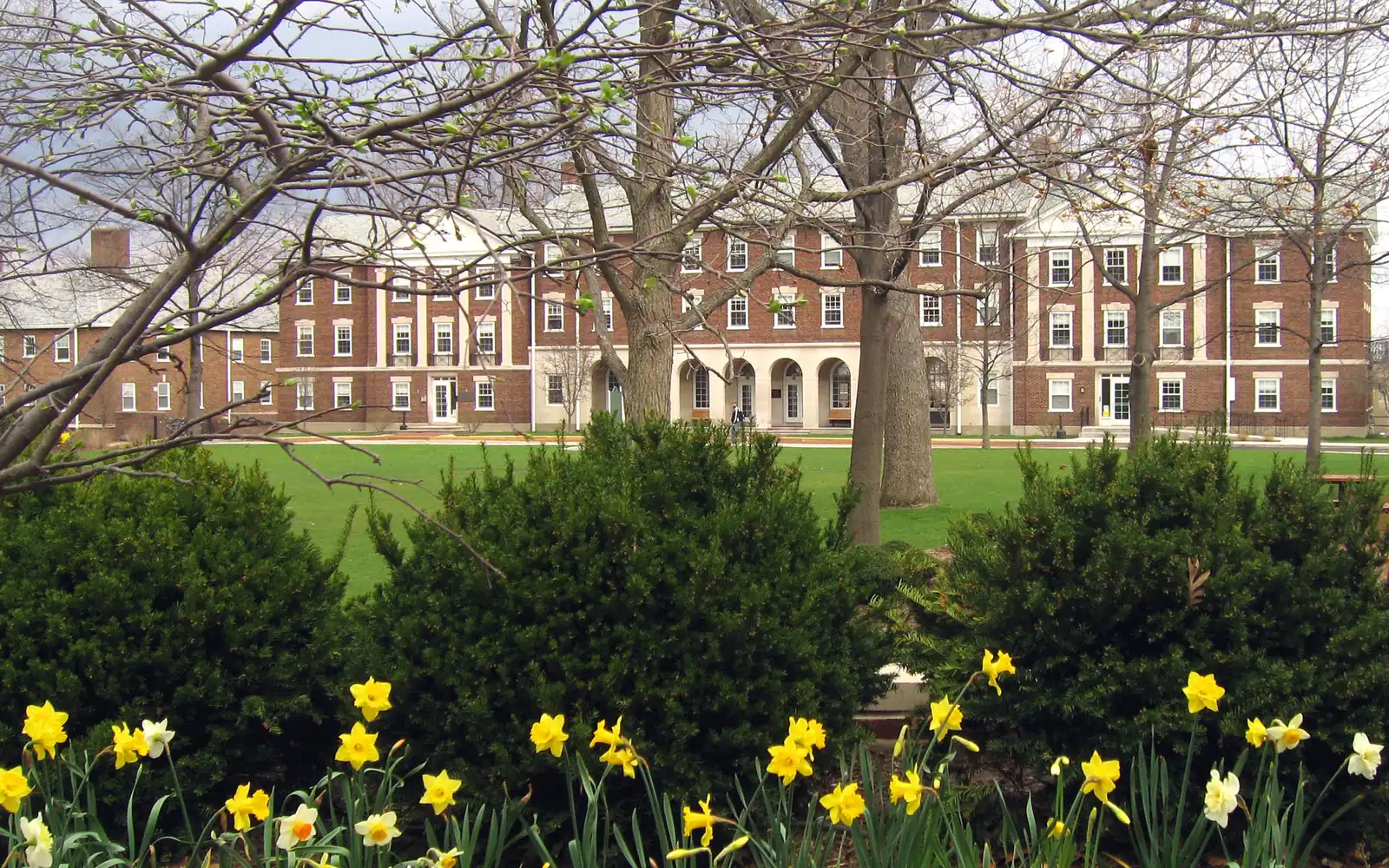 Hoben Hall и лужайка кампуса Kalamazoo College весной