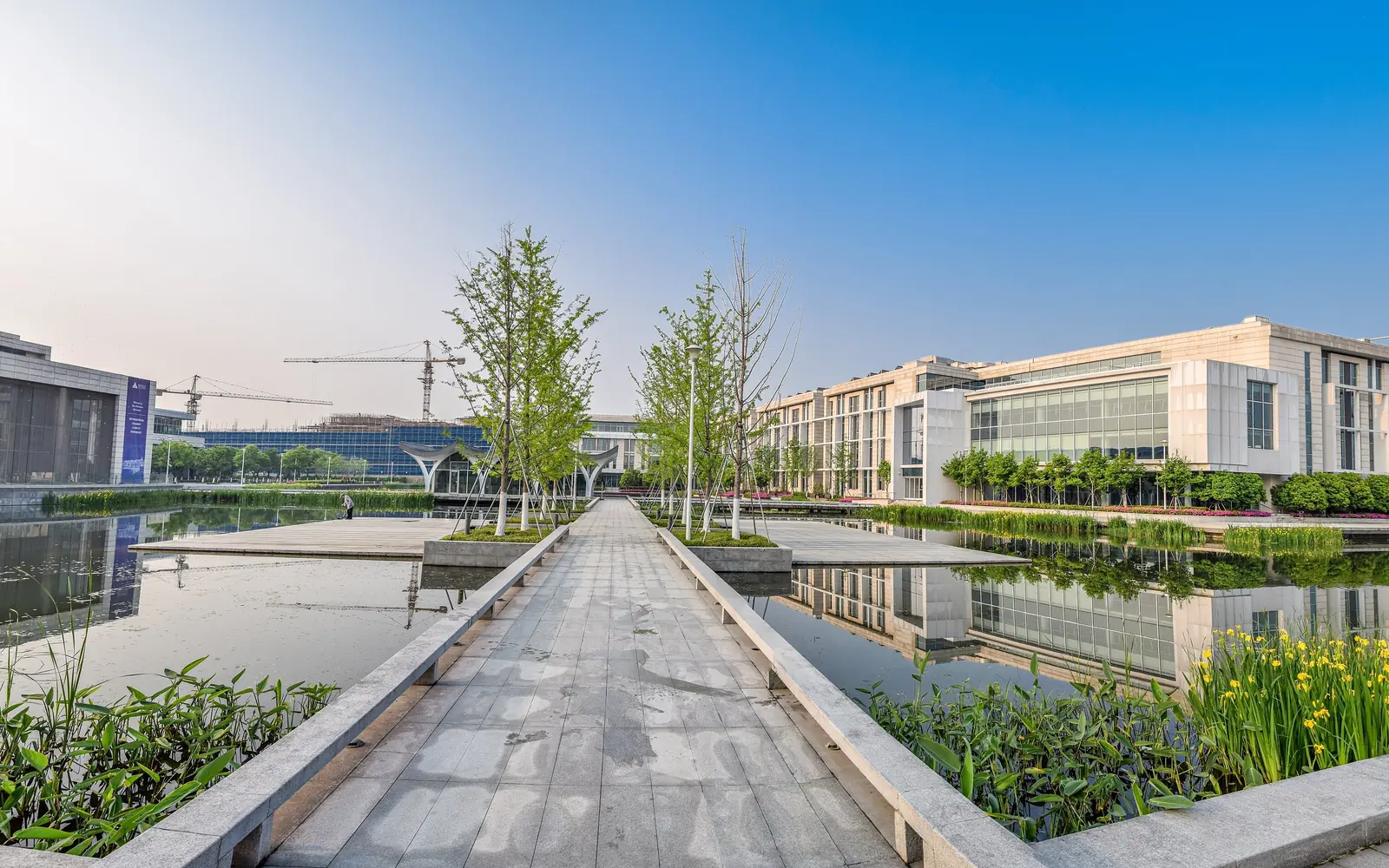 Кампус Duke Kunshan University в Куньшане: пруд и учебные корпуса